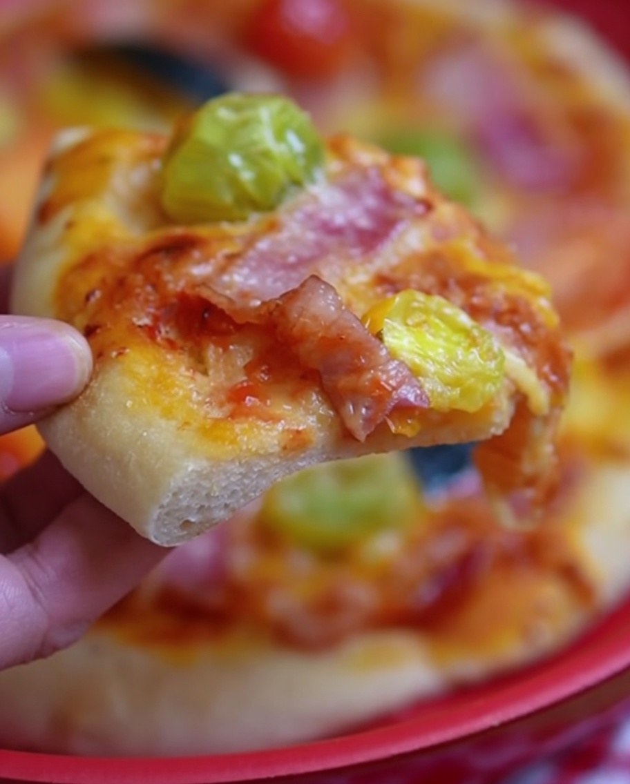 Zbliżenie na pizzę z mozzarellą, infuzowanymi pomidorkami i boczkiem, gotową do pieczenia.