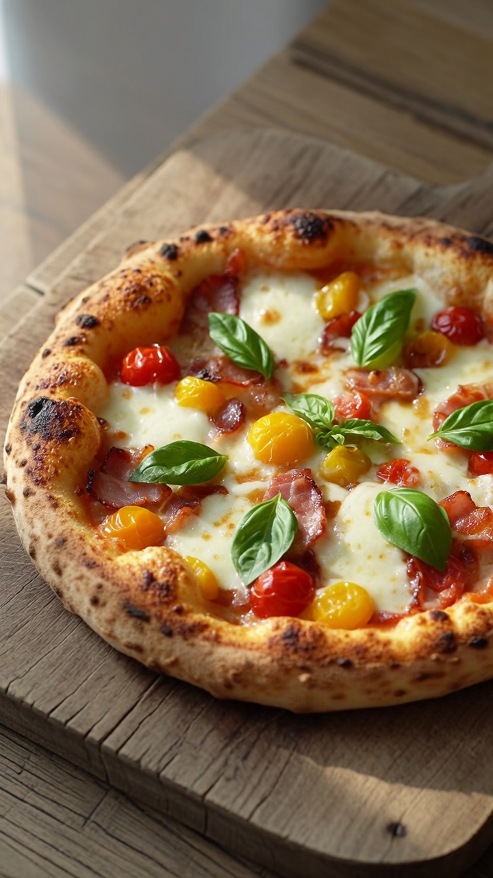 Pizza z pomidorkami koktajlowymi i włoskim boczkiem