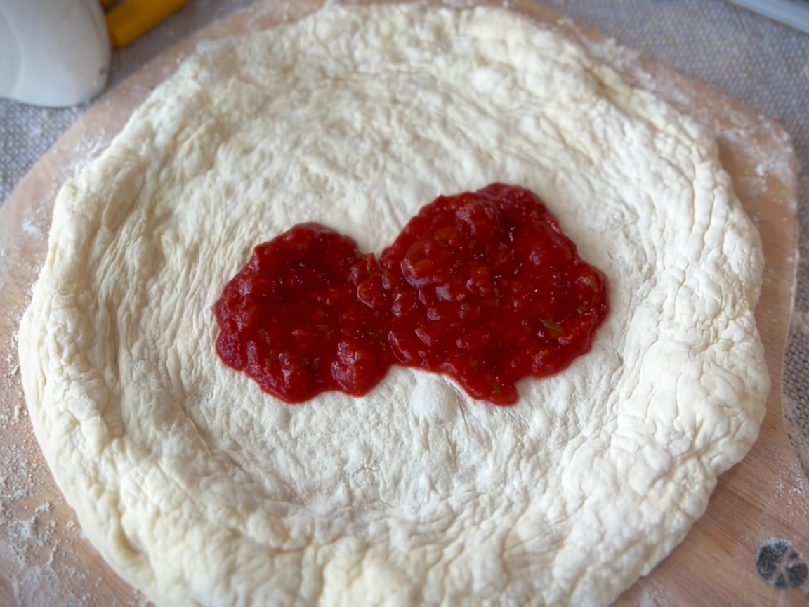 Łyżka rozprowadzająca czerwony sos marinara po środku okrągłego ciasta.