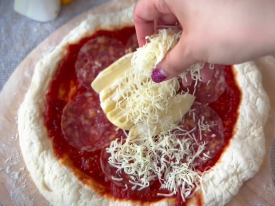 Dłoń posypująca startą mozzarellę równomiernie na pizzę z salami i serem Taleggio.