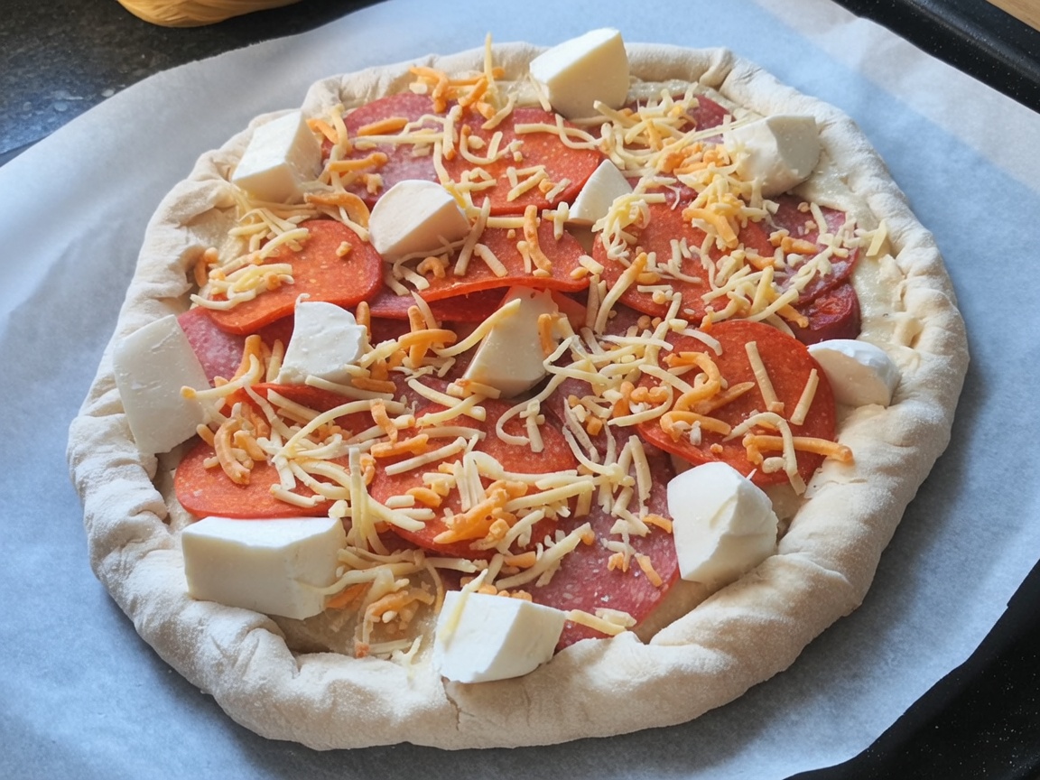 Gotowa do pieczenia surowa pizza na papierze do pieczenia.