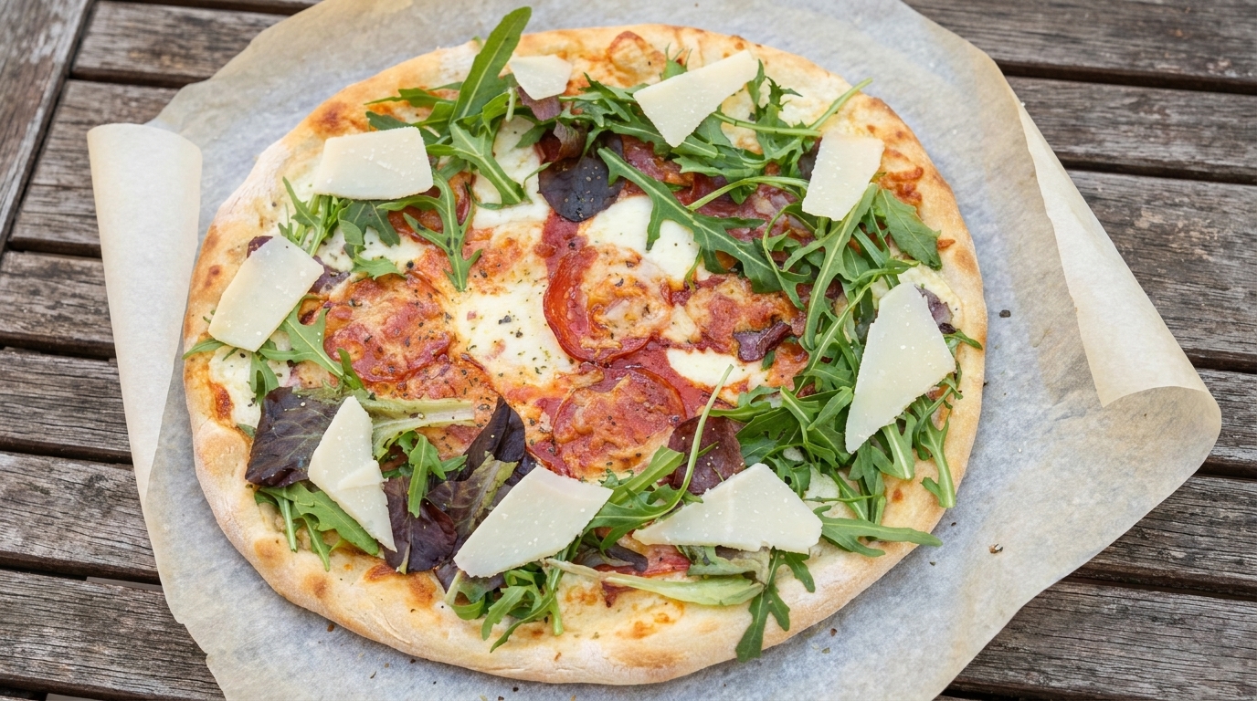 Wykwintna pizza z białym sosem, zwieńczona wędlinami, świeżą rukolą i płatkami parmezanu.