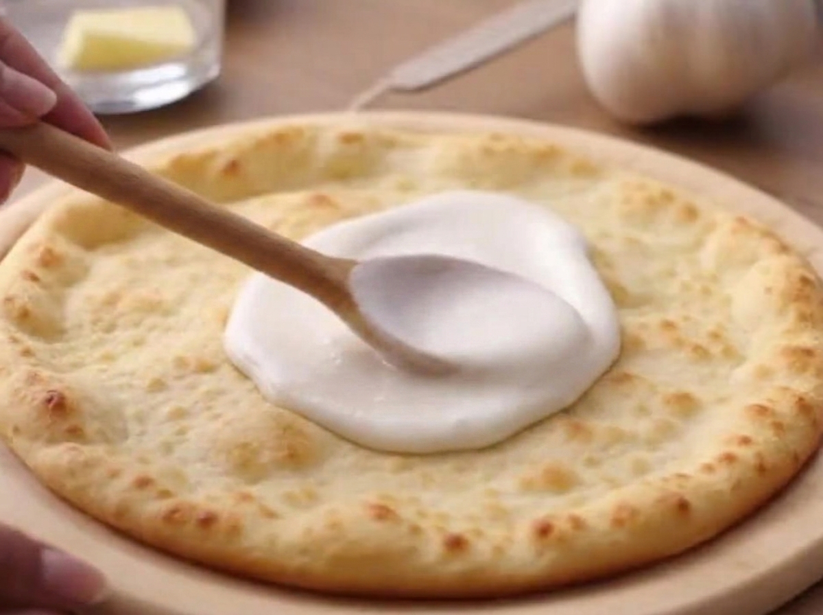 Biały sos do pizzy rozprowadzany po okrągłym cieście za pomocą drewnianej łyżki.