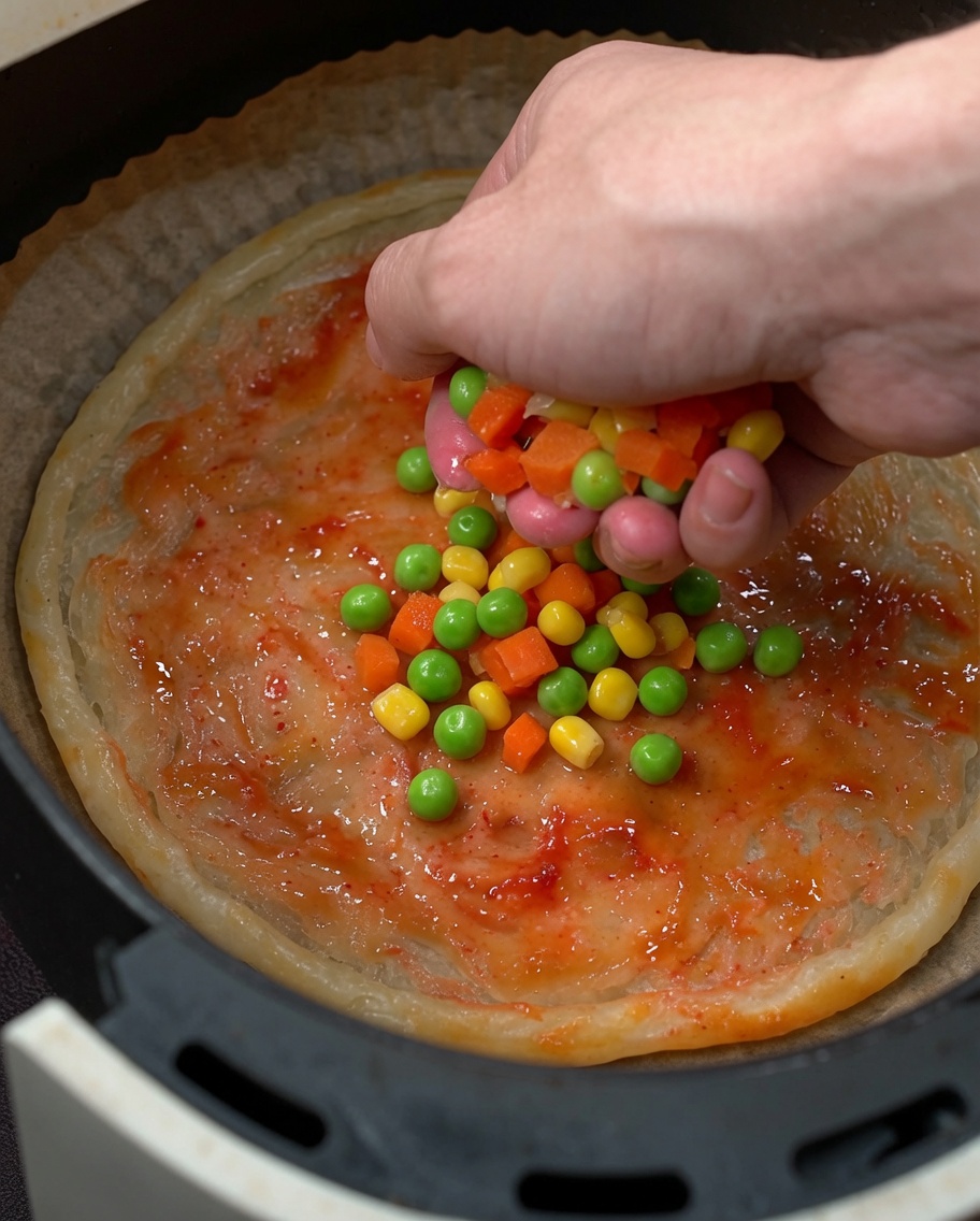 Dłoń rozsypująca kolorowe mrożone warzywa, w tym marchew, groszek i kukurydzę, na posmarowaną sosem pizzę.