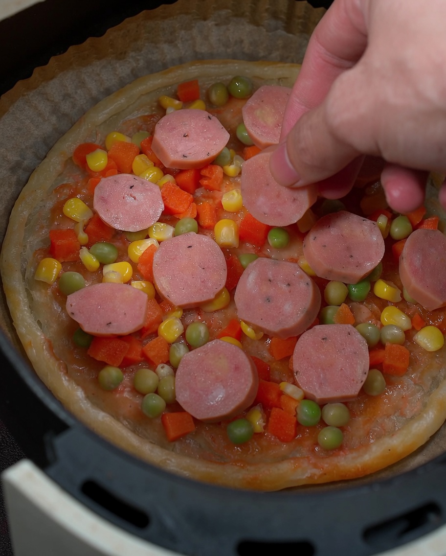 Dłoń układająca okrągłe plasterki różowej kiełbasy na warstwie warzyw na pizzy.