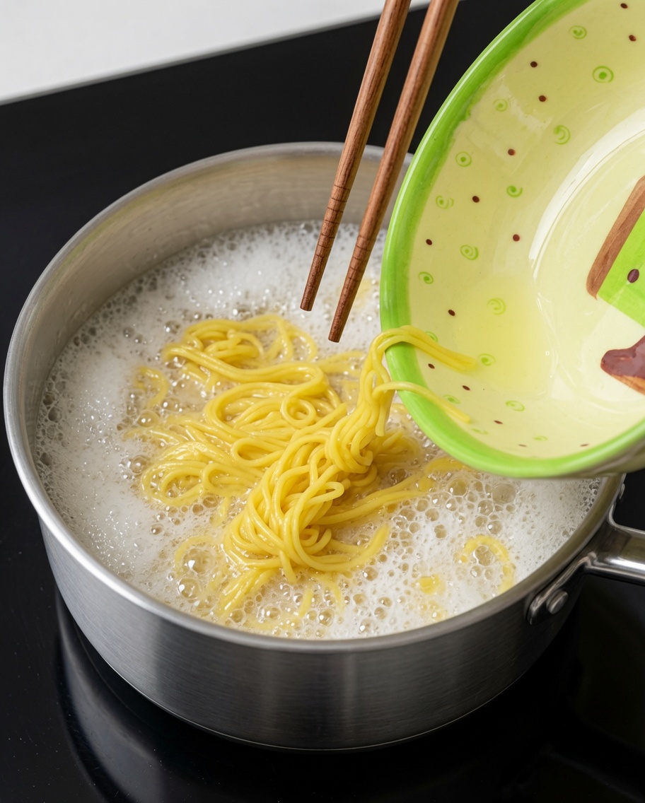 Wieprzowina chashu, miękkie kości i grzyby mun dodawane do garnka z ramenem.