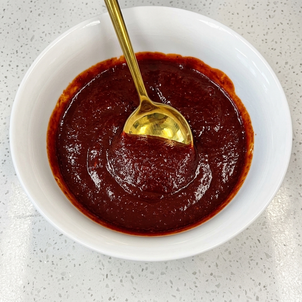 Blok makaronu instant ramen wkładany do wrzącego, czerwonego bulionu z kimchi.