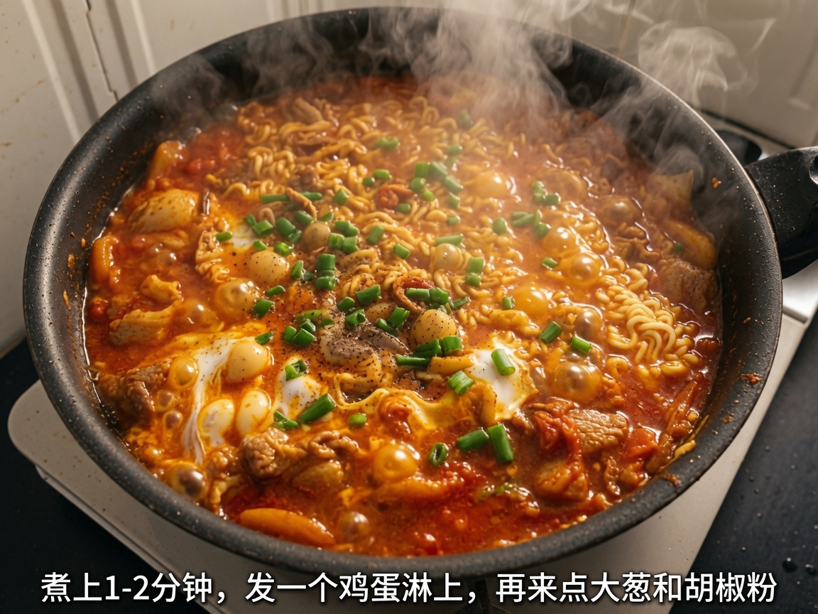 Zbliżenie na gotowy ramen z wieprzowiną i kimchi, udekorowany świeżo posiekaną zieloną cebulką i czarnym pieprzem.