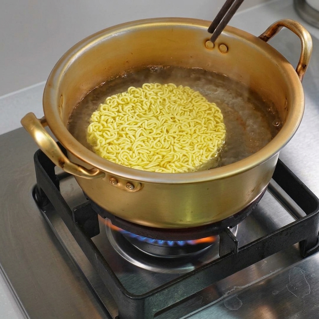 Makaron ramen gotujący się w tradycyjnym, złotym metalowym garnku na kuchence.