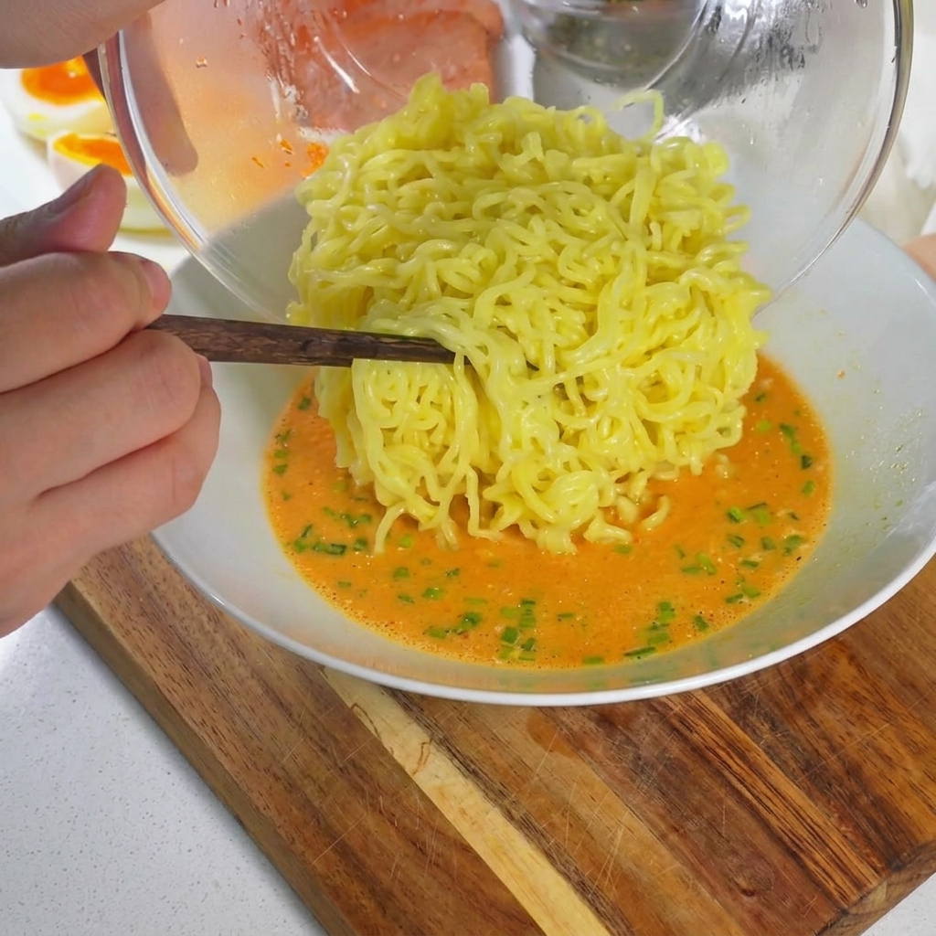 Ugotowany makaron ramen podnoszony pałeczkami i wkładany do miski z kremową zupą.