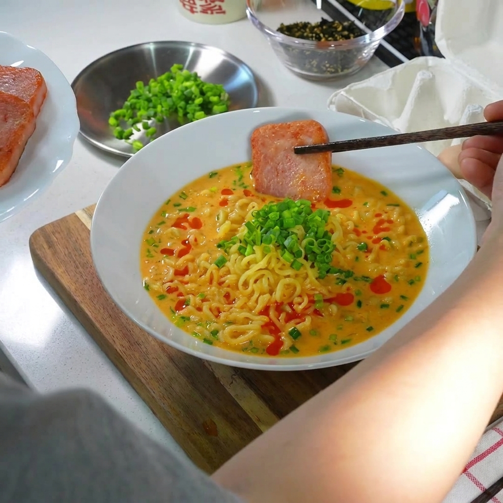 Miska ramenu ze złotobrązowym smażonym SPAMem, jajkiem na miękko, posypana posiekaną dymką i polana olejem chili.