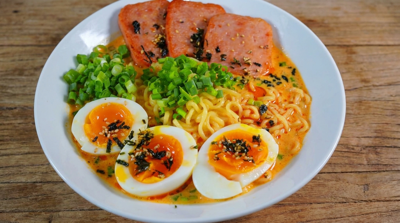 Kremowy ramen ze smażonym SPAMem i jajkiem na miękko