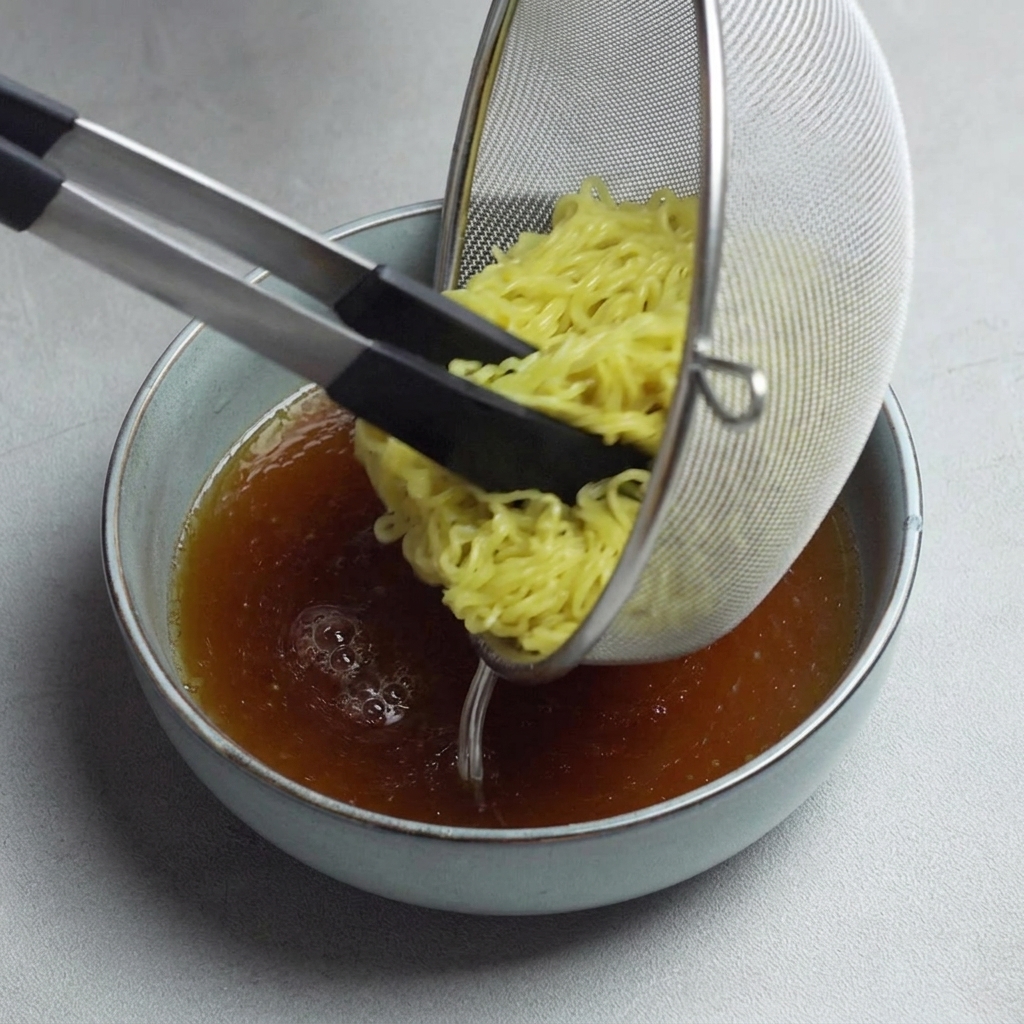 Świeżo ugotowany makaron ramen zanurzany w misce z ciemnym, przyprawionym bulionem.