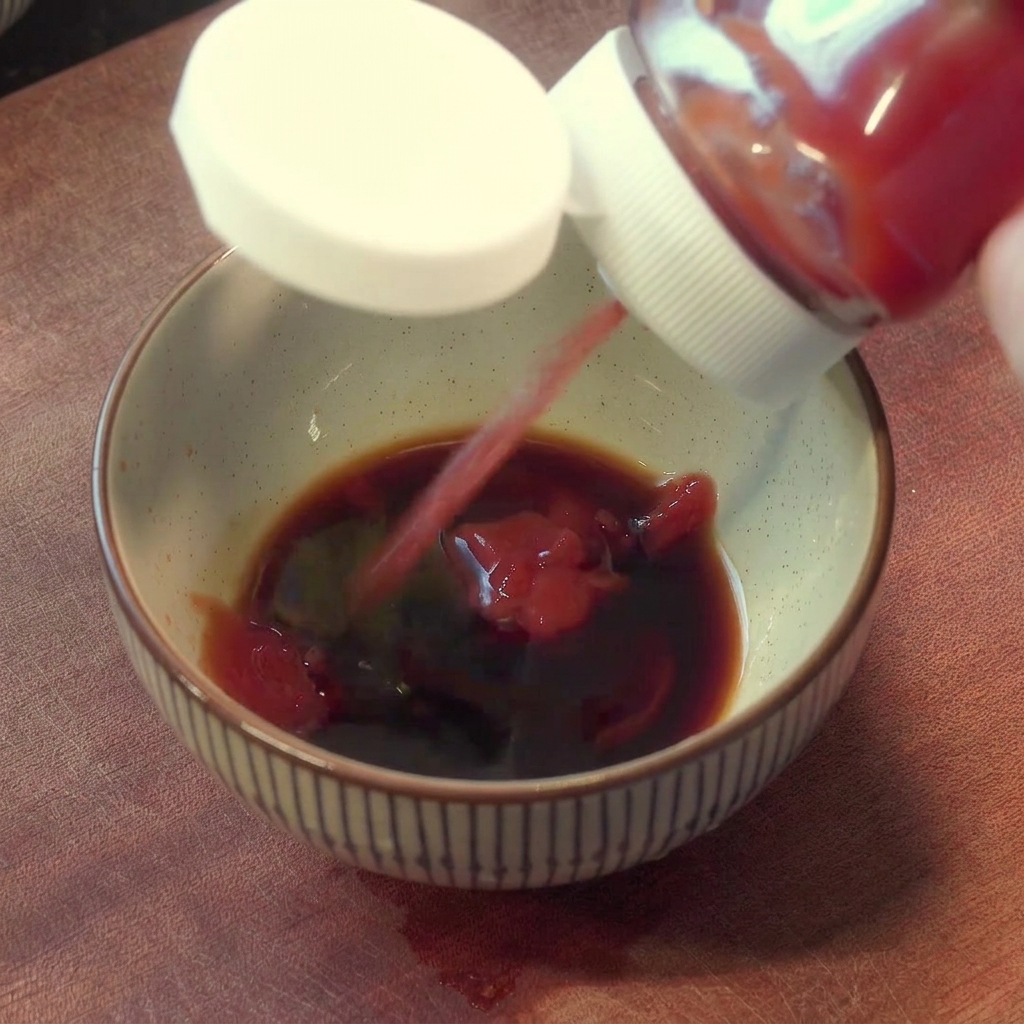 Składniki sosu, w tym ketchup i sos pikantny, mieszane w misce.