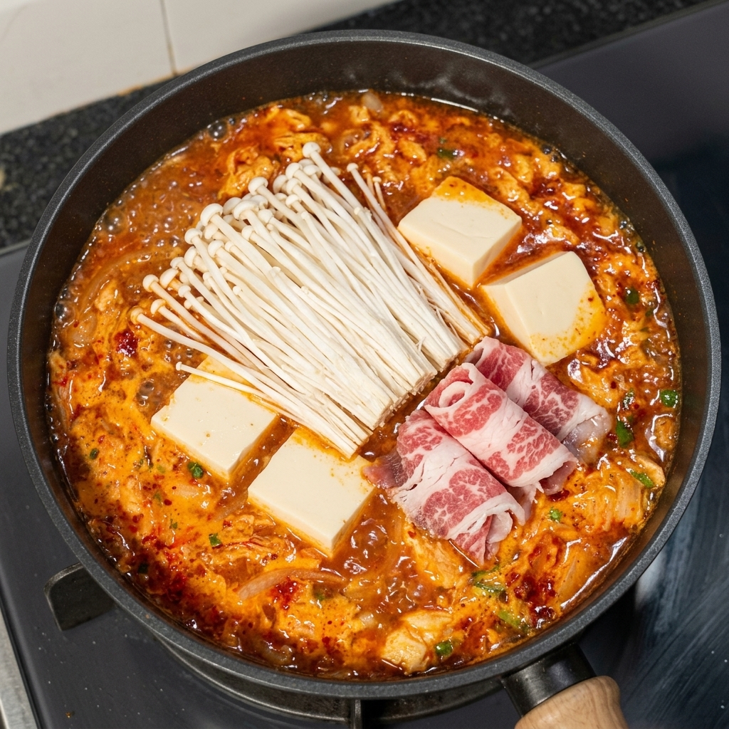 Grzyby enoki, miękkie tofu i wołowina w gotującym się czerwonym bulionie.