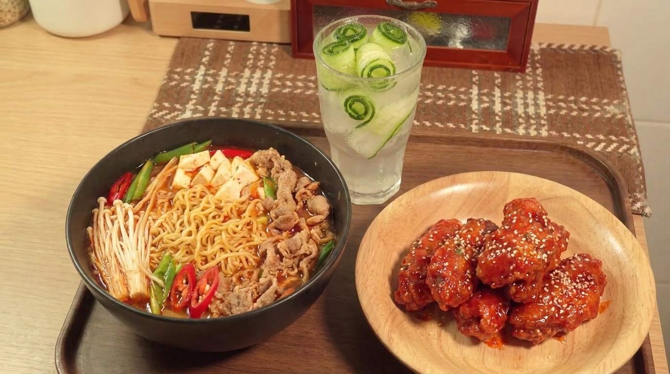 Koreańska uczta: Pikantny ramen z wołowiną i smażony kurczak