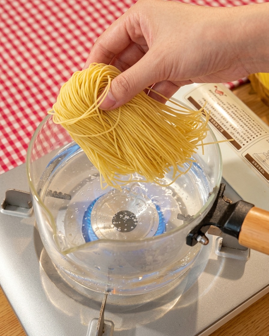 Świeży makaron ramen gotujący się w przezroczystym garnku na przenośnej kuchence.