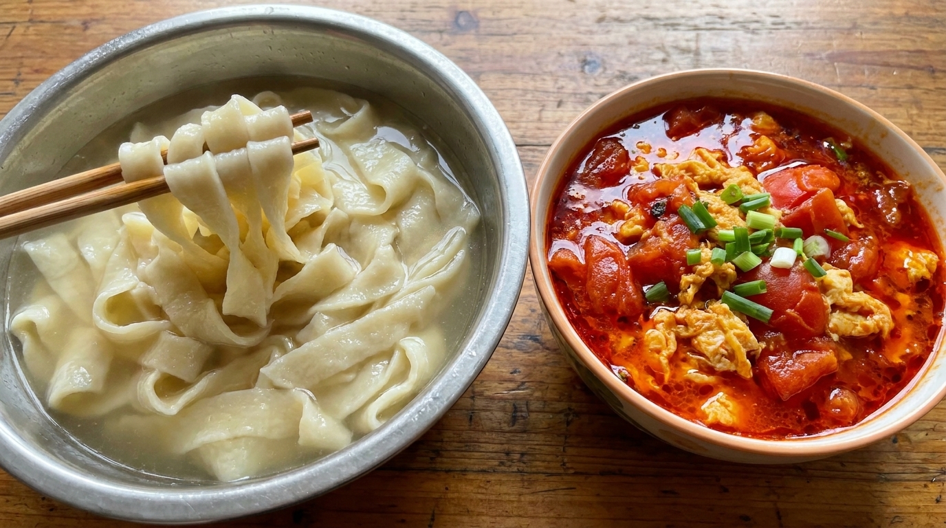 Świeżo ugotowany, ręcznie wyciągany makaron podany z sosem pomidorowo-jajecznym i aromatycznym olejem chili.