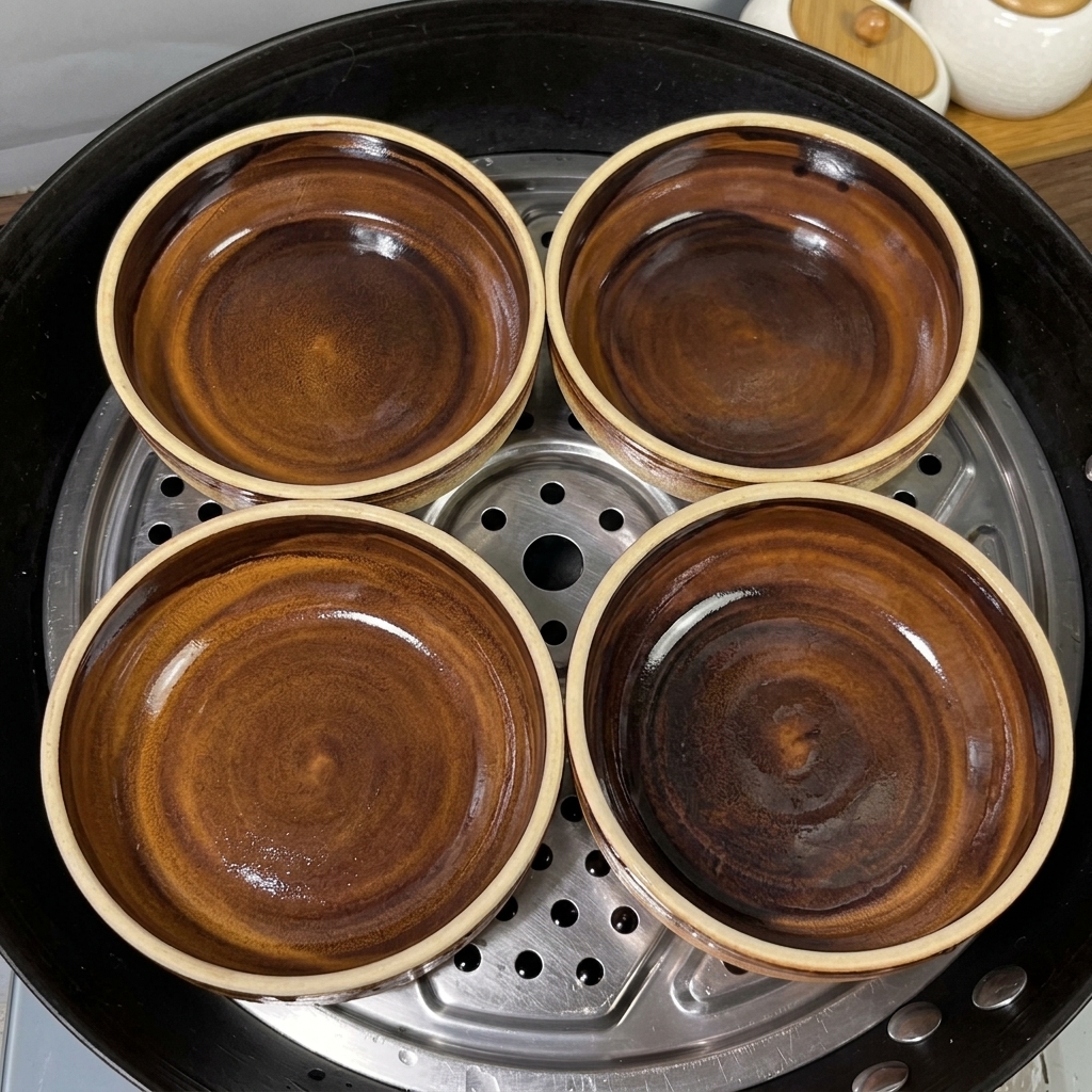 Cztery czyste, puste miseczki ceramiczne ustawione na ruszcie do parowania.