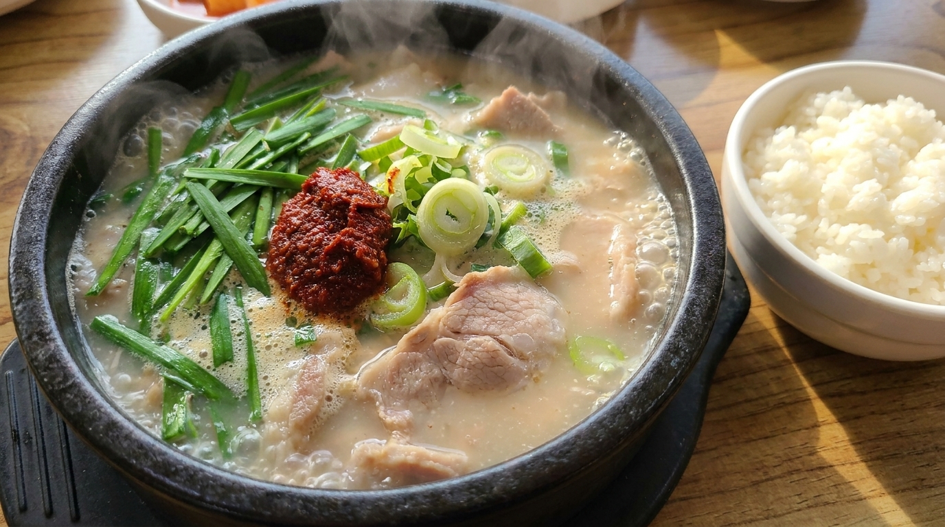 Tradycyjna koreańska zupa wieprzowa z ryżem (Dwaeji-gukbap)