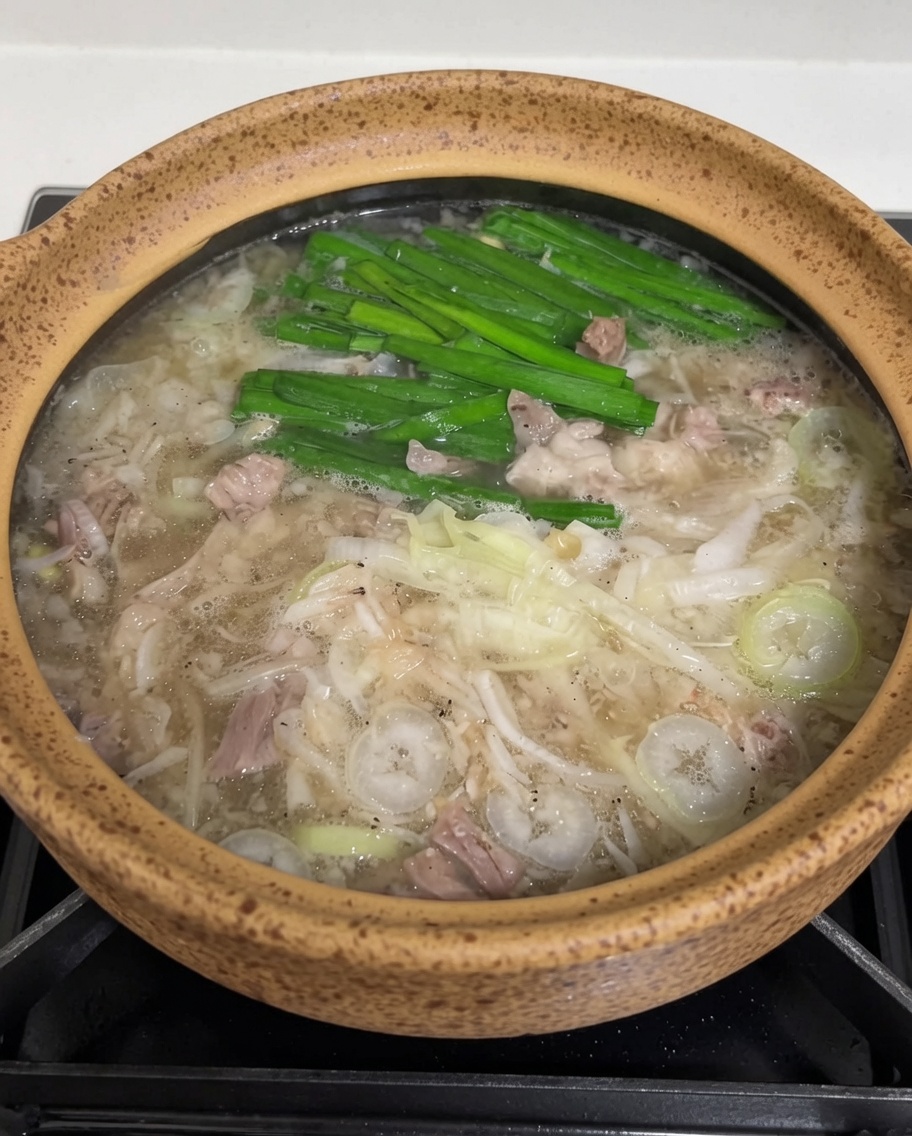 Łyżka czerwonej koreańskiej pasty chili mieszana z parującą zupą.