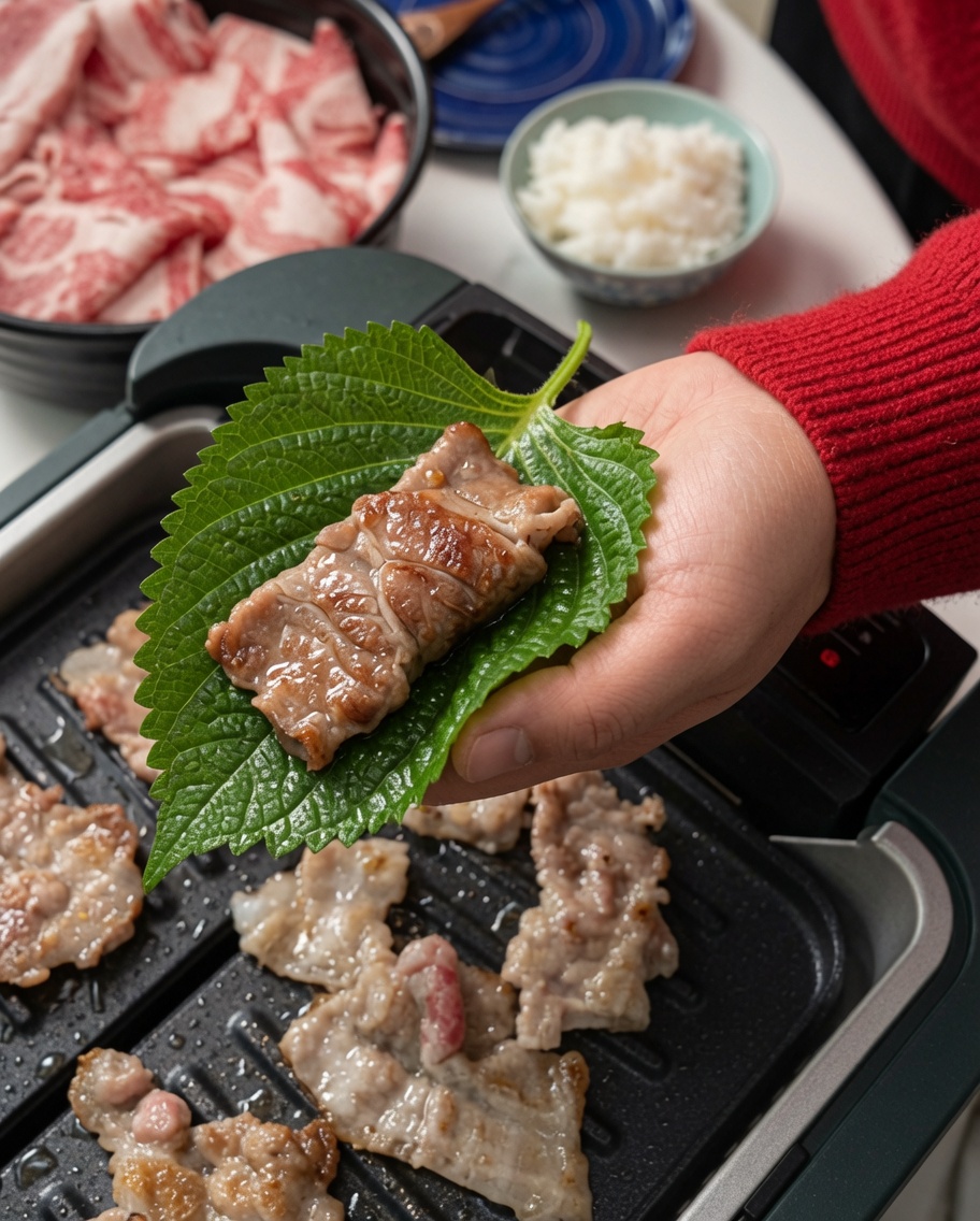 Kawałek grillowanego boczku nakładany pałeczkami na przygotowane liście.