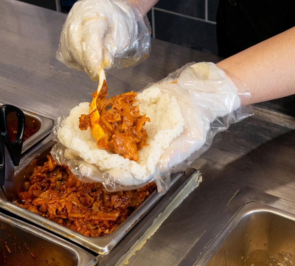 Szef kuchni umieszczający dużą porcję pikantnego kimchi z boczkiem na ryżowym placuszku.