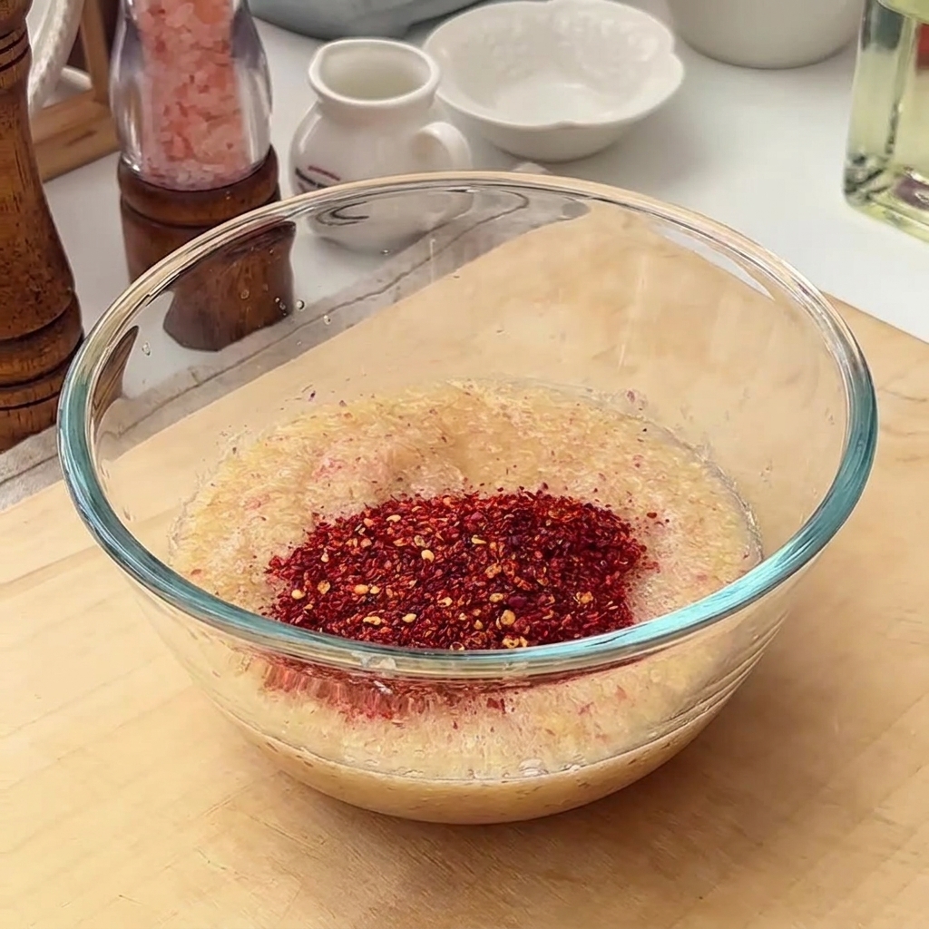 Szklana miska wypełniona pastą owocową i różnymi przyprawami, takimi jak płatki chili, cukier i gochujang.