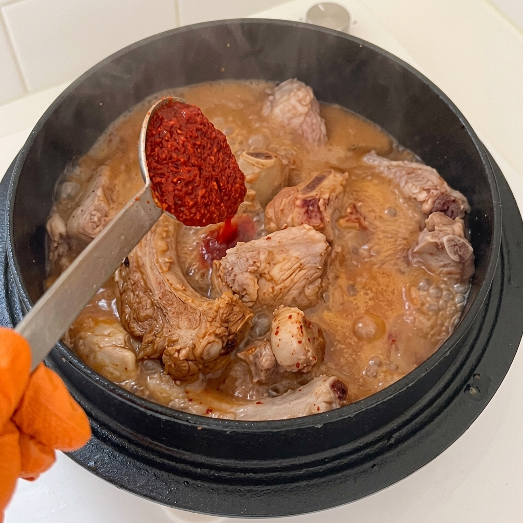 Dodawanie sproszkowanego chili i czosnku do żeberek w garnku.