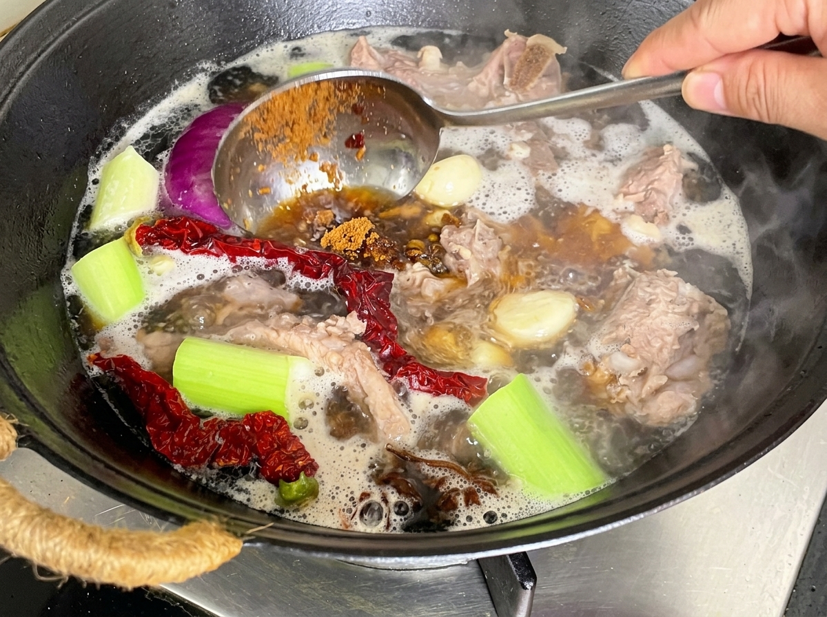 Sfermentowana pasta sojowa dodawana do duszącego się garnka z wieprzowiną.