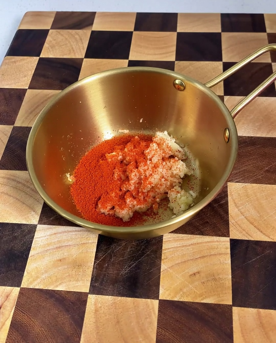 Zbliżenie posiekanego czosnku i chili w proszku mieszanych z innymi składnikami sosu w złotej misce.