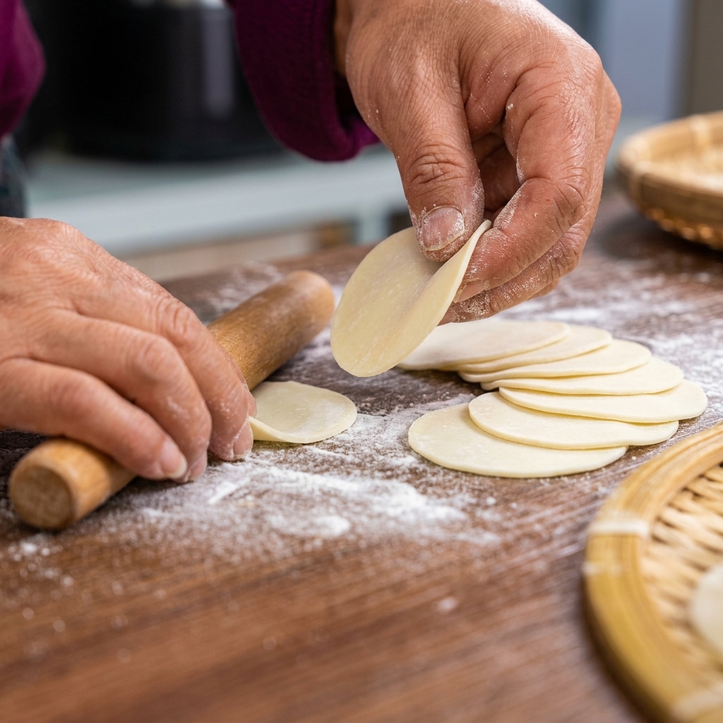 Ręce składające i sklejające ciasto na pierogi wypełnione masą mięsno-jajeczną.
