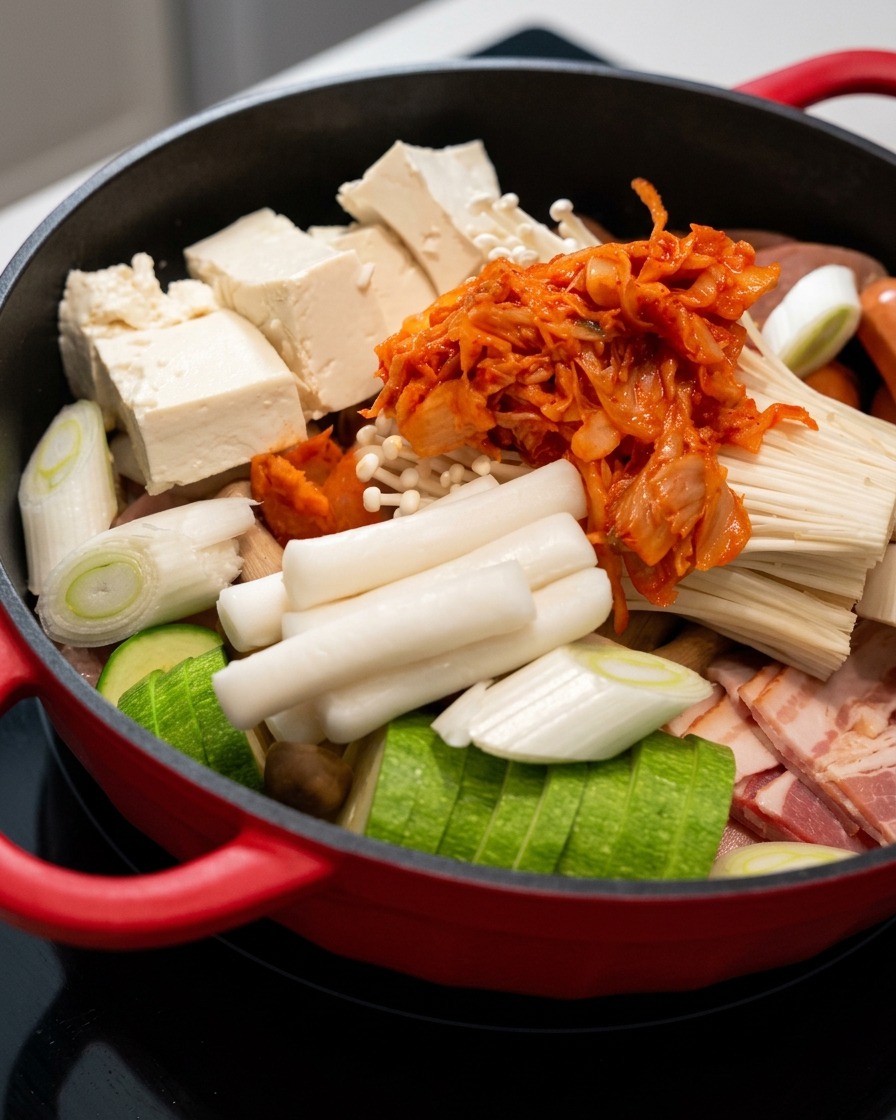 Żywe czerwone kimchi układane na wierzchu grzybów enoki i innych składników w garnku.
