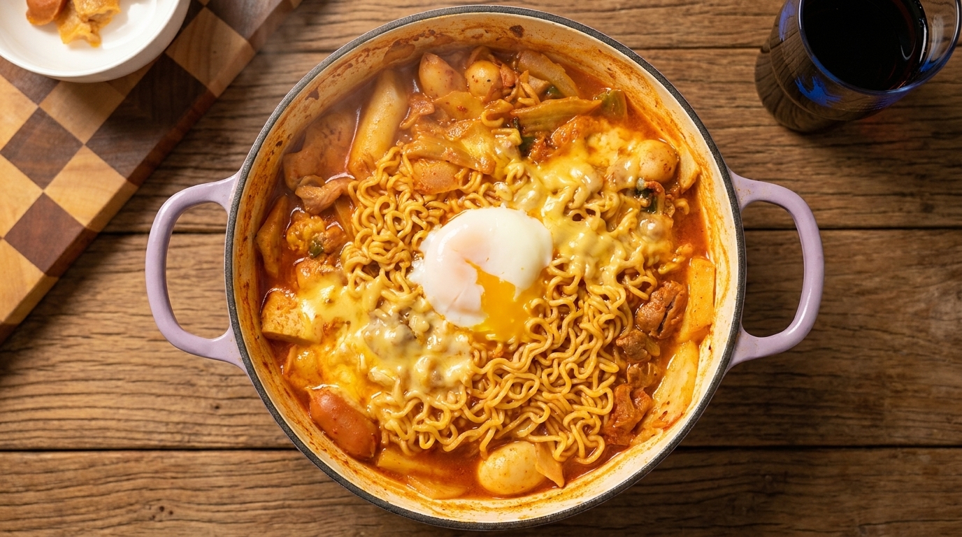 Parujący garnek pełen Budae Jjigae z dodatkiem makaronu ramen, jajkiem ugotowanym na miękko i ciągnącym się serem.