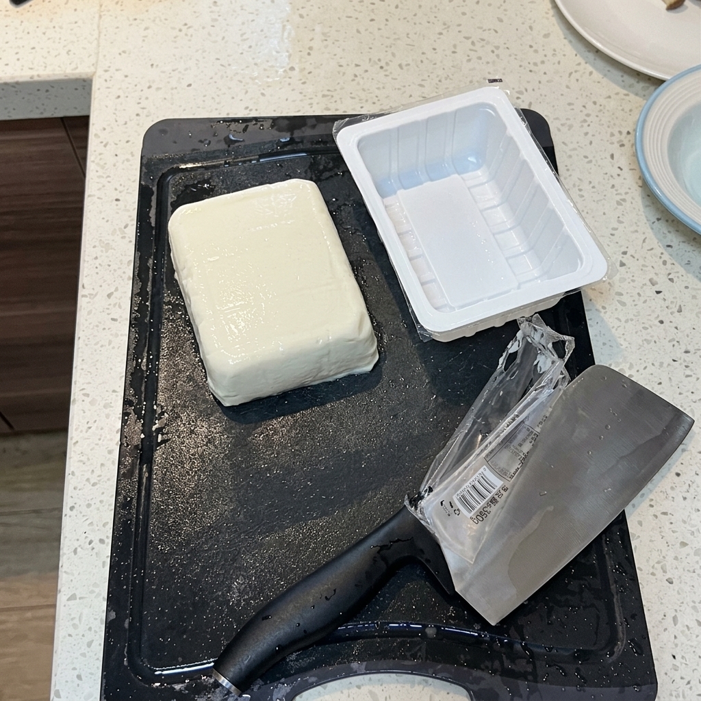 Blok tofu silken ostrożnie krojony na kawałki za pomocą noża na desce do krojenia.