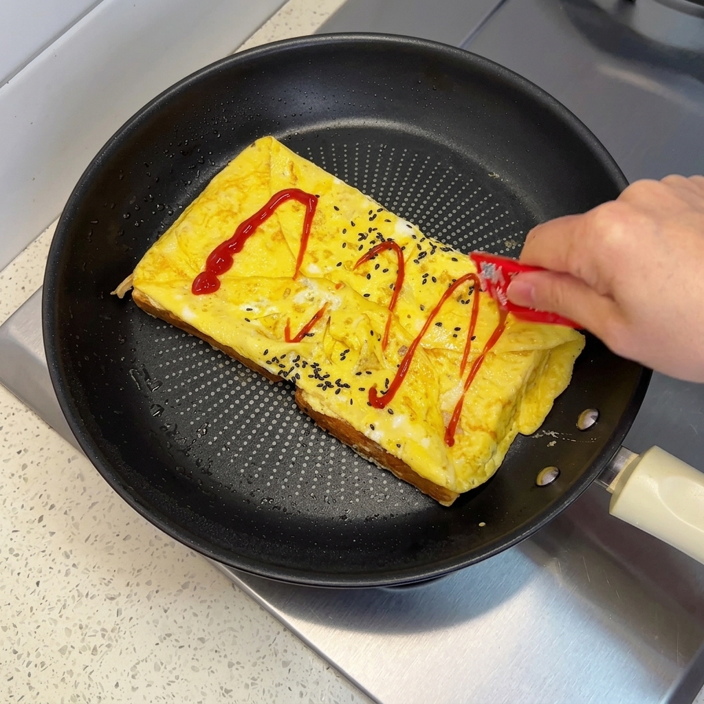 Ręka wyciskająca ketchup zygzakiem na złożony omlet na patelni.