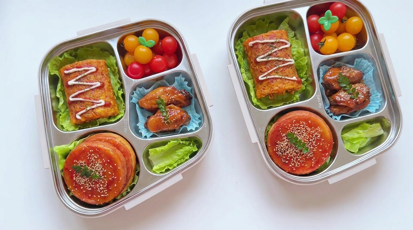 Ostateczne Pudełko Bento dla Dzieci: Burger Mięsno-Jajeczny, Roladki z Ognistego Makaronu i Skrzydełka w Coli