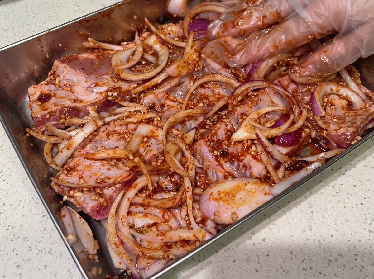Dłonie w rękawiczkach energicznie mieszające i wcierające ciemnoczerwoną marynatę w surowe żeberka i plastry cebuli.