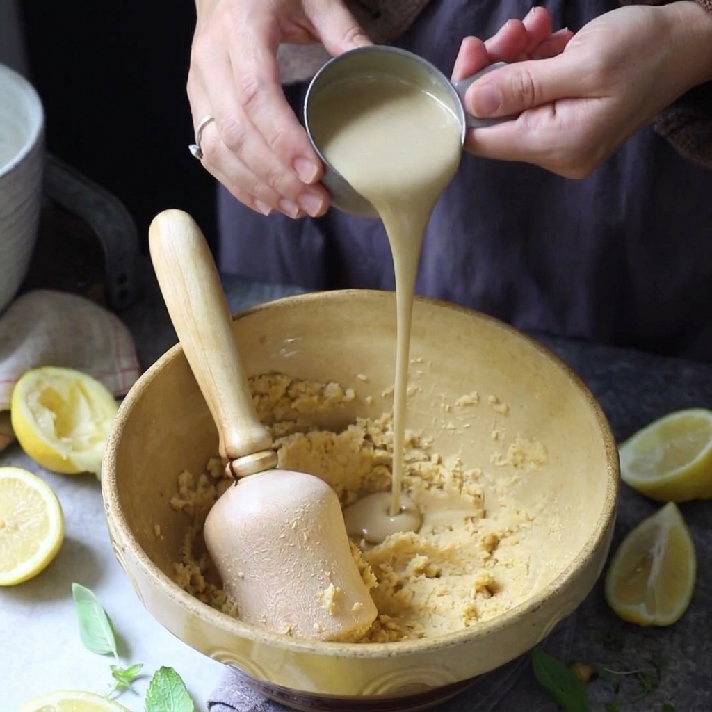 Pasta tahini przelewana z miarki do żółtej miski wypełnionej rozgniecioną ciecierzycą.
