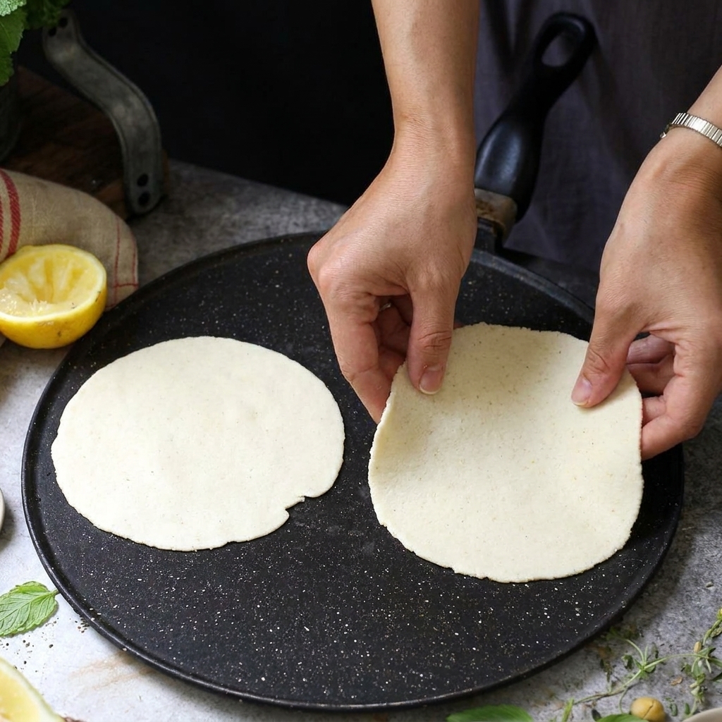 Spłaszczone, okrągłe kawałki ciasta na tortillę smażone na gorącej, ciemnej patelni typu griddle.