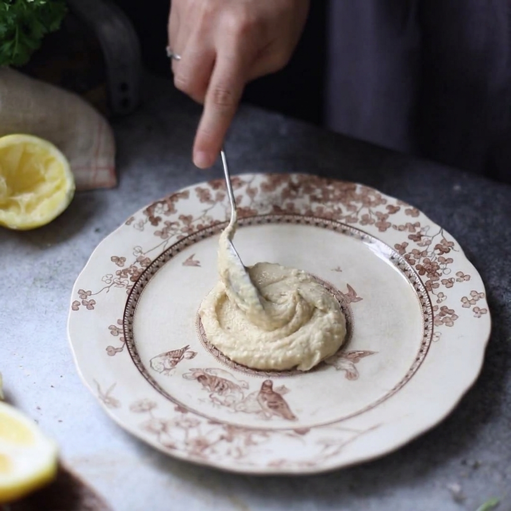 Hummus rozsmarowywany łyżką kolistymi ruchami na ozdobnym, wzorzystym talerzu.