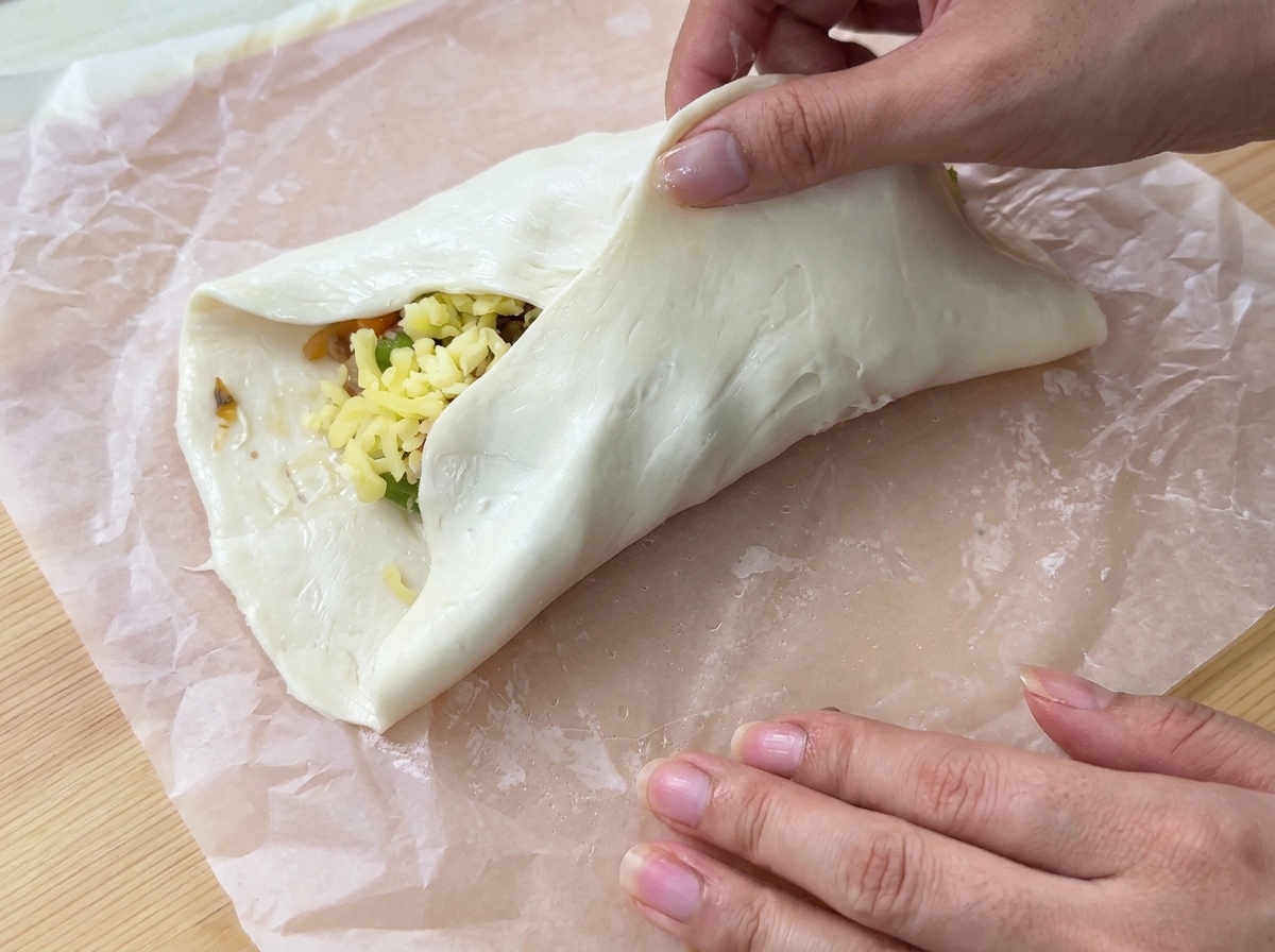 Ręce składające brzegi arkusza paratha nad wytrawnym farszem na papierze do pieczenia.