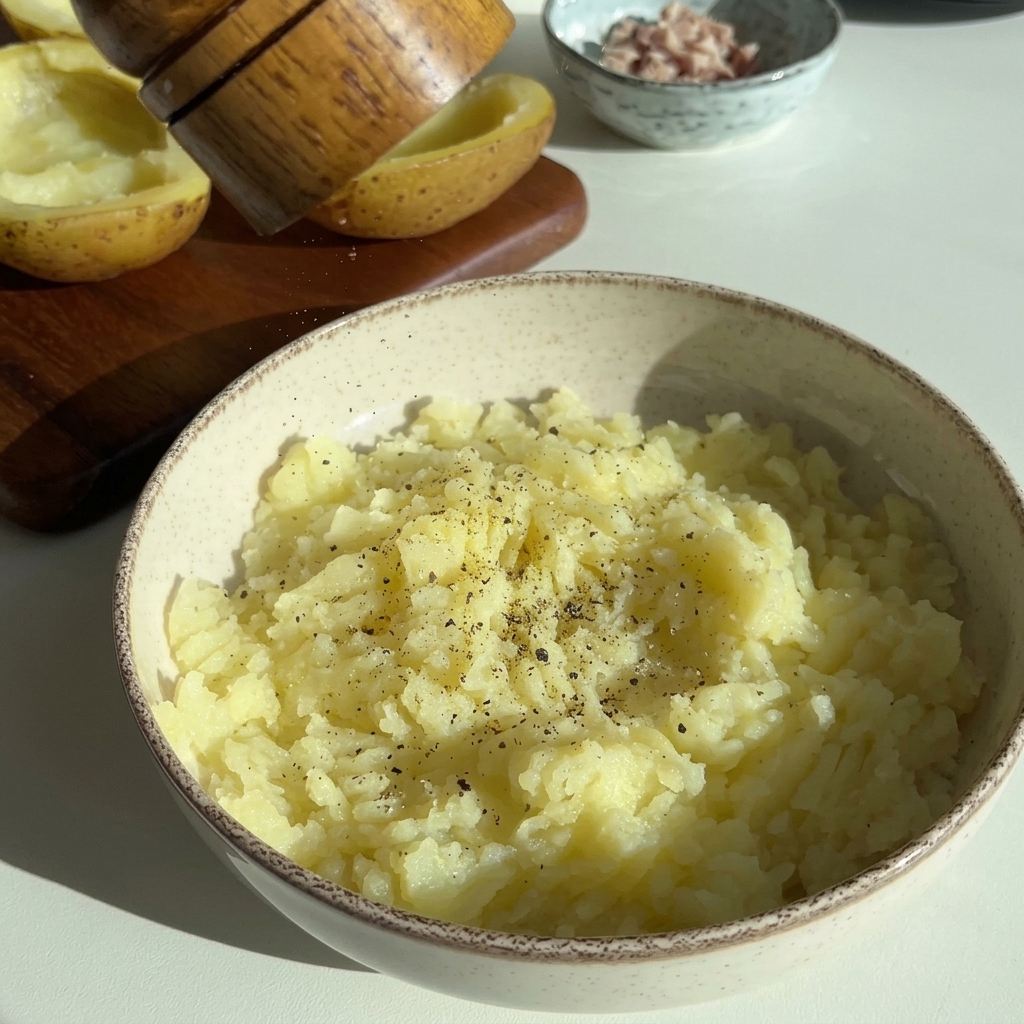 Pieprz mielony nad miską świeżo zrobionego puree ziemniaczanego z szynką i serem.