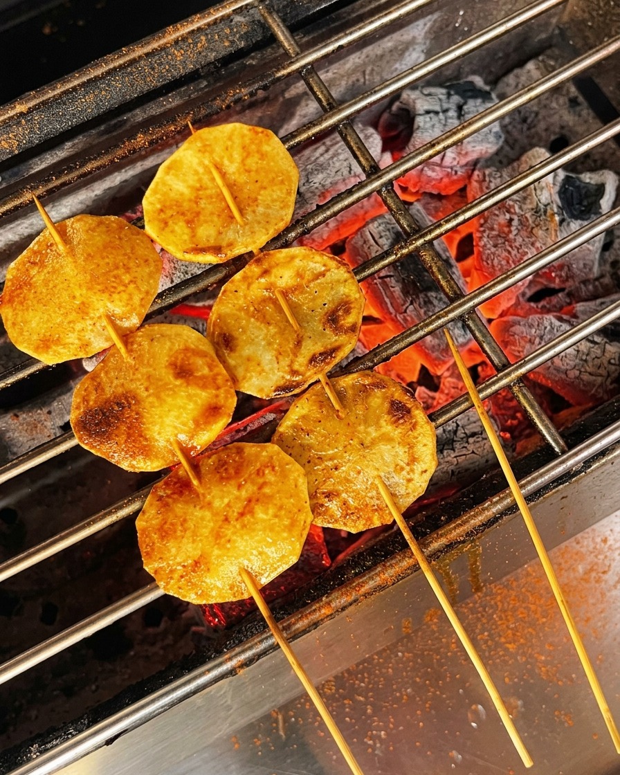 Natłuszczone i złotobrązowe plasterki ziemniaków posypywane czerwonym chili w proszku na grillu.