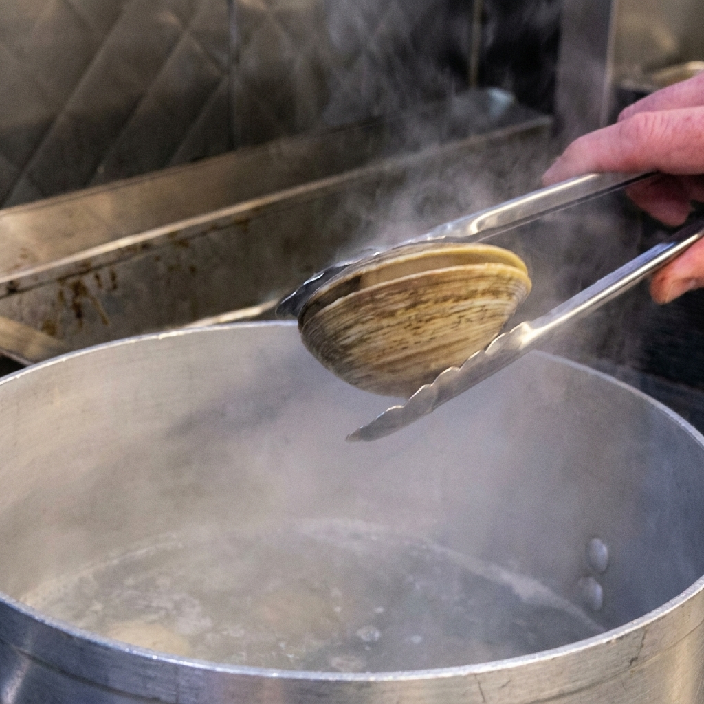 Szczypce wyciągające świeżo otwarte małże z dużego aluminiowego garnka z parującą wodą.