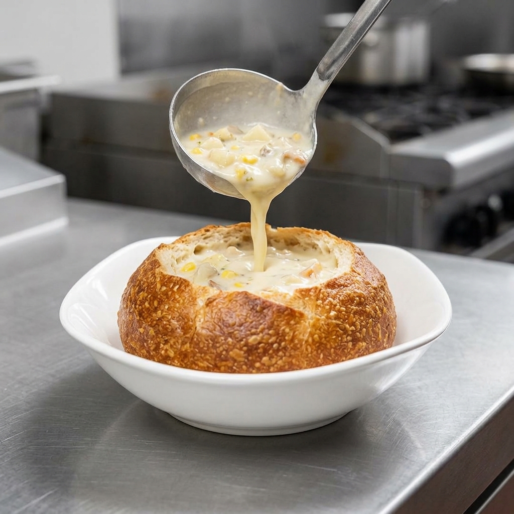 Metalowa chochla nalewająca gęsty, kremowy clam chowder z ziemniakami i małżami do chlebowej miski.