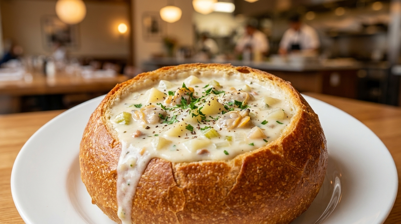 Klasyczny New England Clam Chowder w chlebowej misce