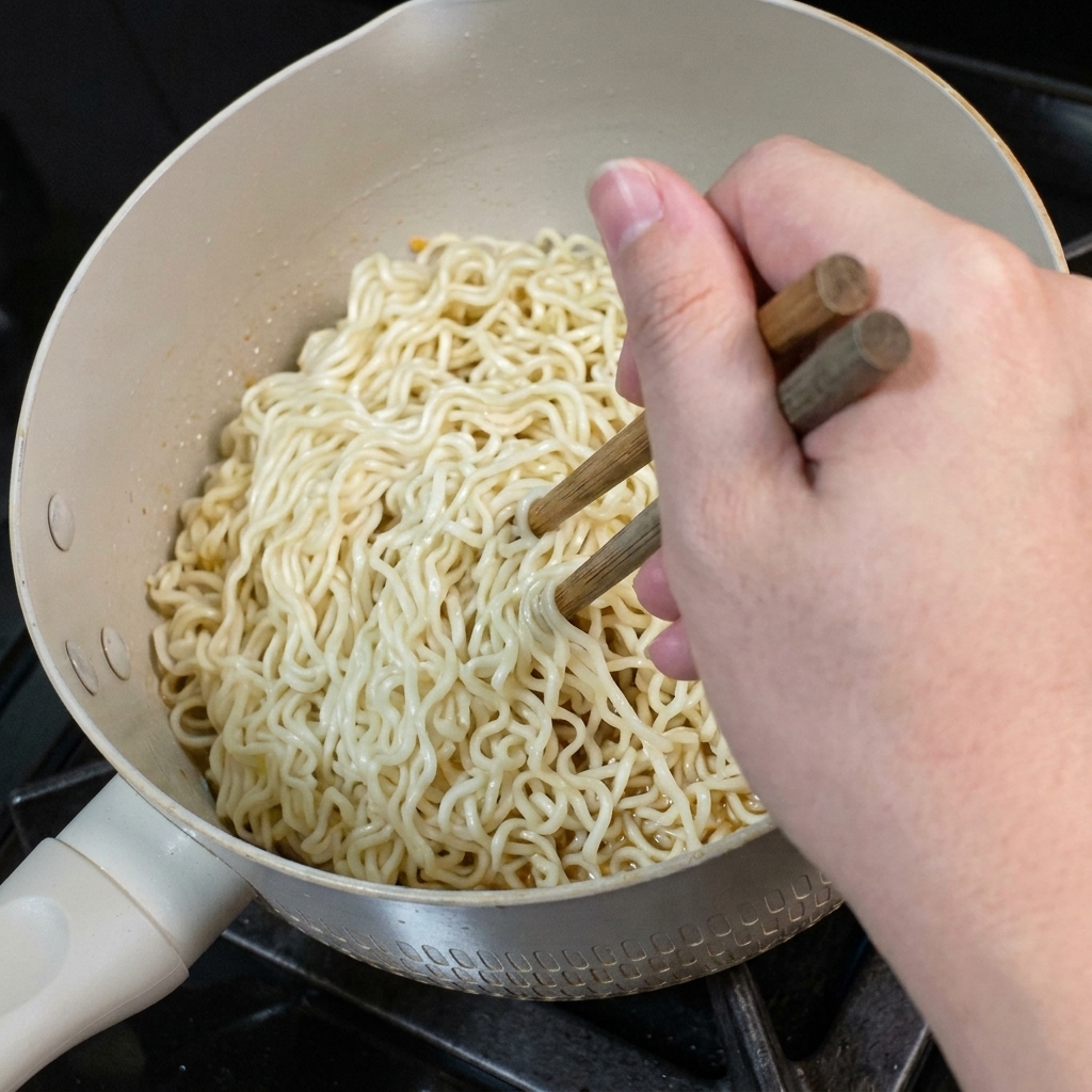 Drewniane pałeczki mieszające porcję makaronu na patelni, pokrywające go sosem.