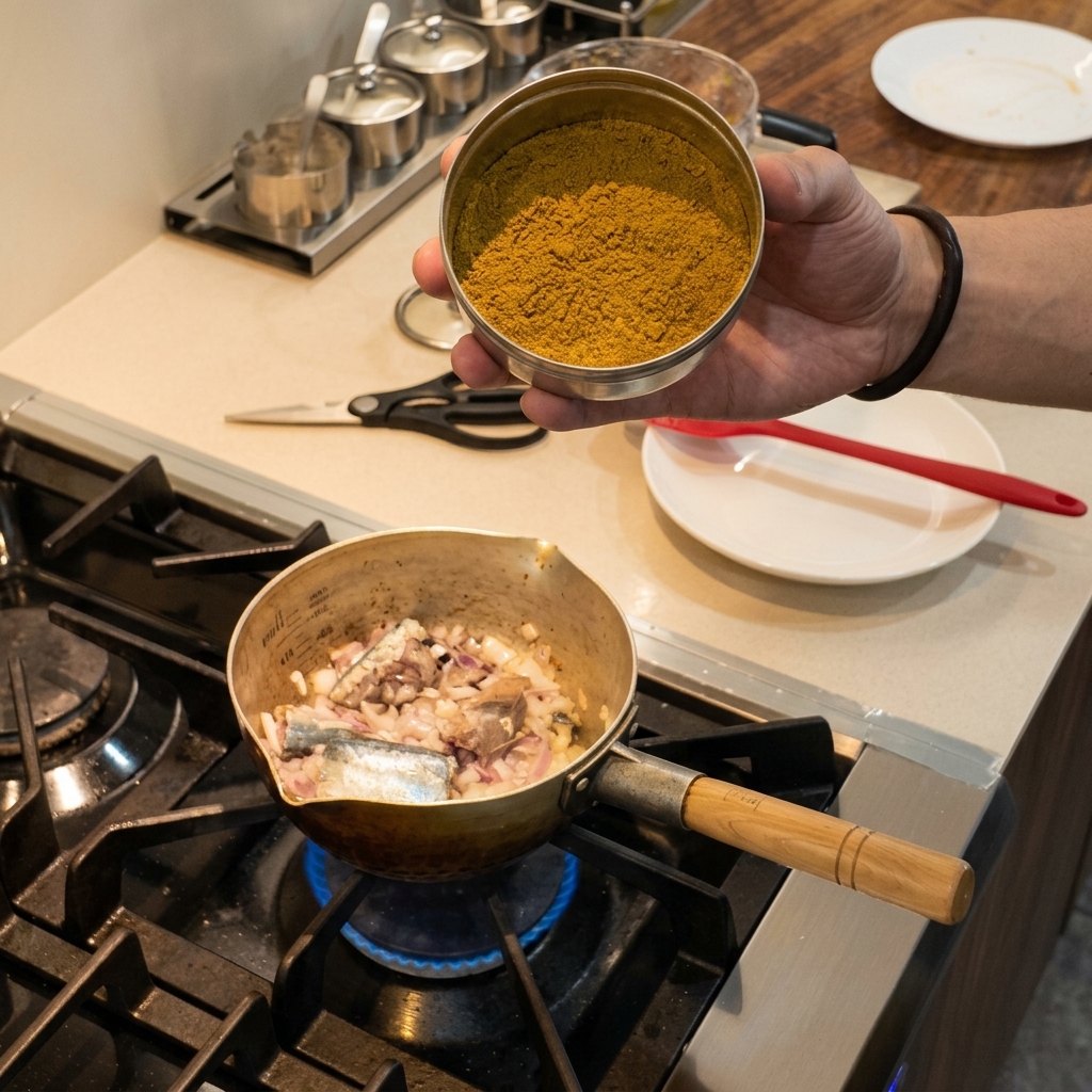 Dłoń trzymająca miseczkę z żółtą przyprawą masala do ryb nad garnkiem wypełnionym rybą i cebulą.
