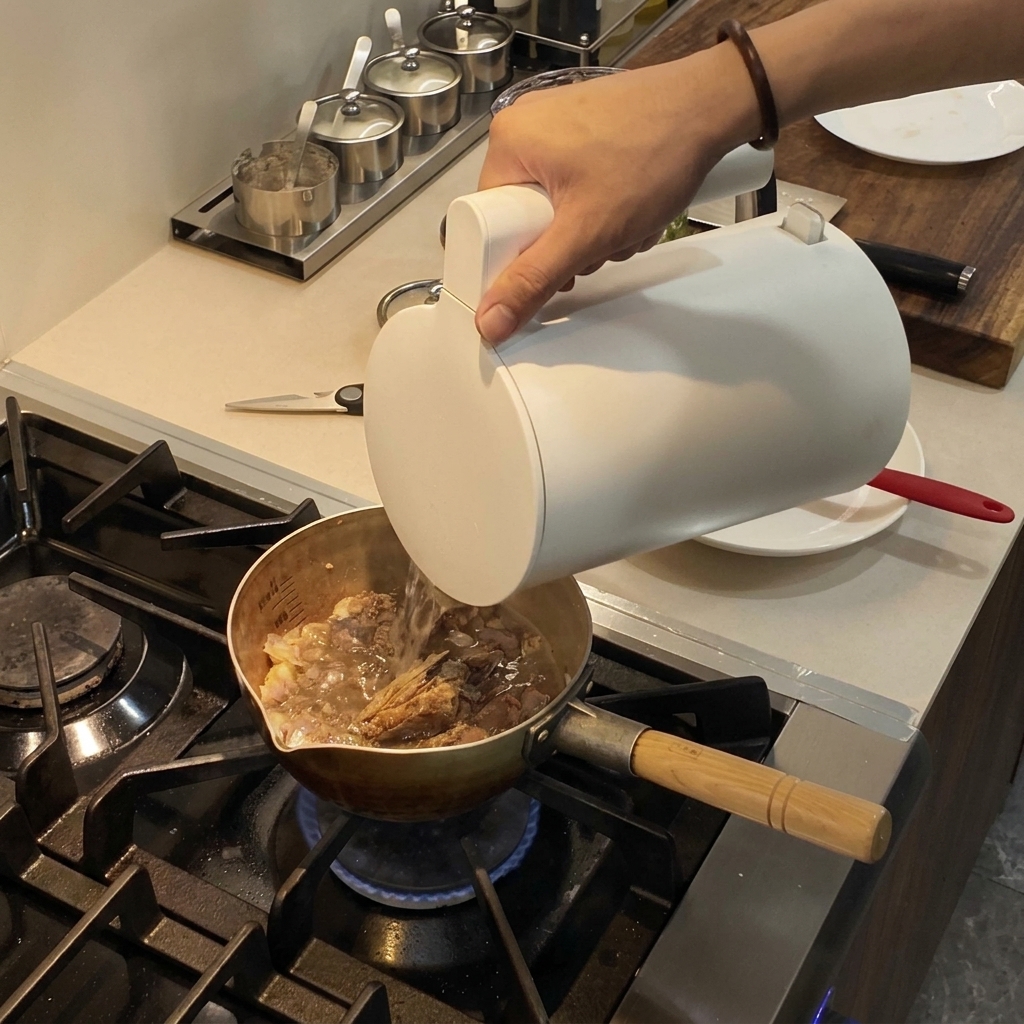 Biały dozownik wlewający ciemnoczerwony olej chili do gotującego się na wolnym ogniu bulionu na kuchence.